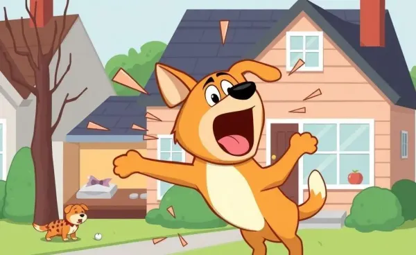 Cartoon-style illustration of a dog inside a house causing chaos