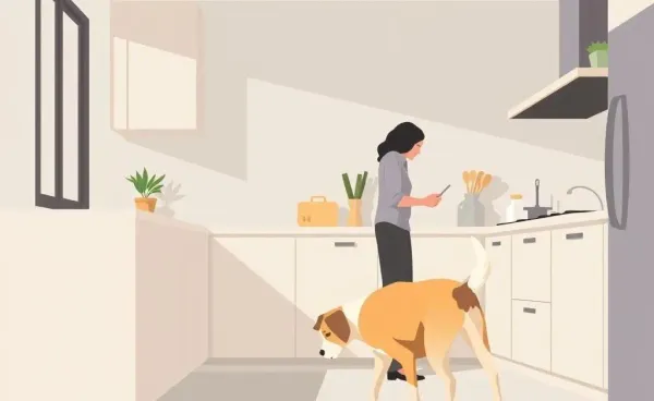 A dog sniffing around in a kitchen while the owner cooks