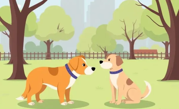 Cartoon-style image of two dogs interacting at a park