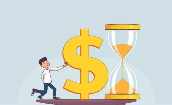 A person balancing a dollar sign and an hourglass