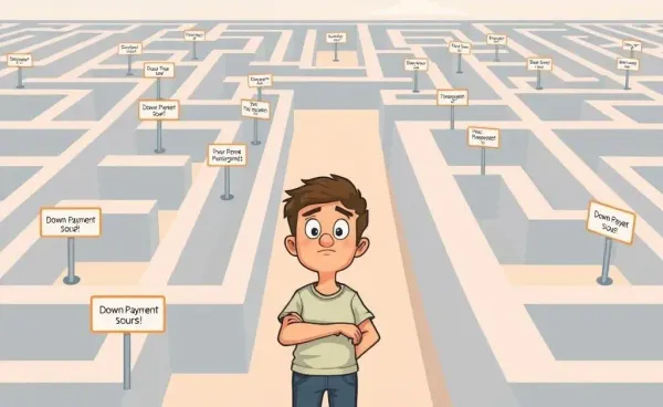 A puzzled first-time homebuyer in front of a maze of down payment options