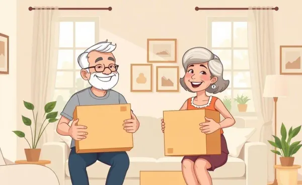 A senior couple packing boxes in a cozy living room