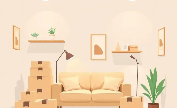 Illustration of a cozy small apartment with moving boxes