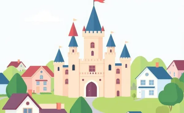 A cartoon image of a whimsical castle in a suburban neighborhood