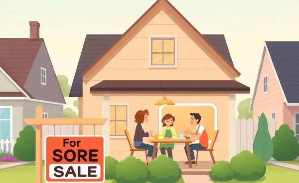 Family discussing a mortgage plan around a table with a 'For Sale' sign outside.