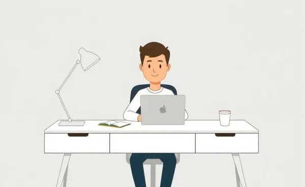 An illustration of an individual calmly preparing for an internship interview at their desk.