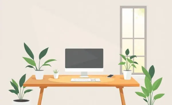 A cozy and minimalistic home office setup with natural sunlight