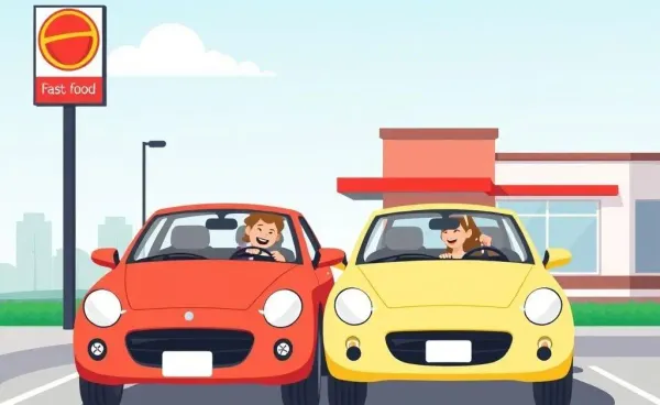 Two cars gently bumped in a drive-thru, drivers smiling