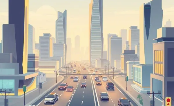 A futuristic city with driverless cars and traditional vehicles sharing the road