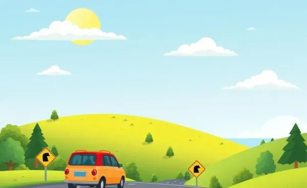 A cartoon car traveling through a scenic Michigan road.