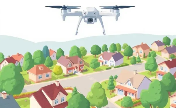 Cartoon depiction of a drone photographing a neighborhood