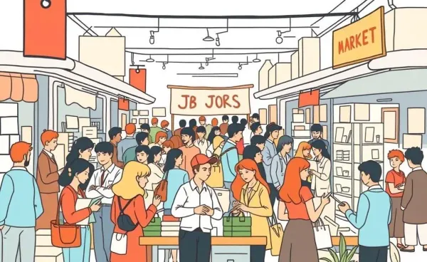 Illustration of a dynamic job market scene with diverse occupations