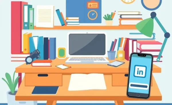 A cartoon-style desk with tools for learning and networking