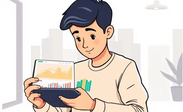 A person examining financial graphs on a tablet.