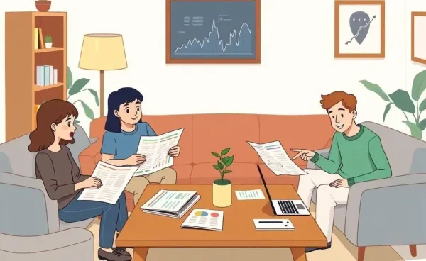 A cozy living room setting with people discussing economic data.
