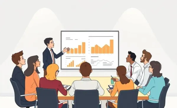 Cartoon of an economist explaining economic graphs around a desk