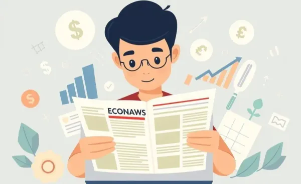 Person reading economic news on a laptop with financial symbols around