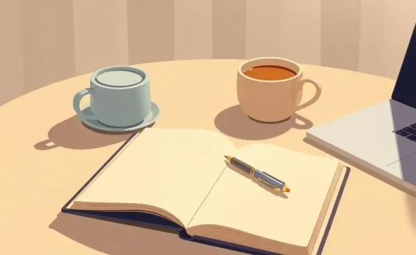 Cozy tea table scene with a notebook and laptop