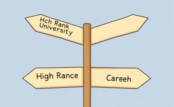 A crossroads depicting a choice between high rank universities and finance career path
