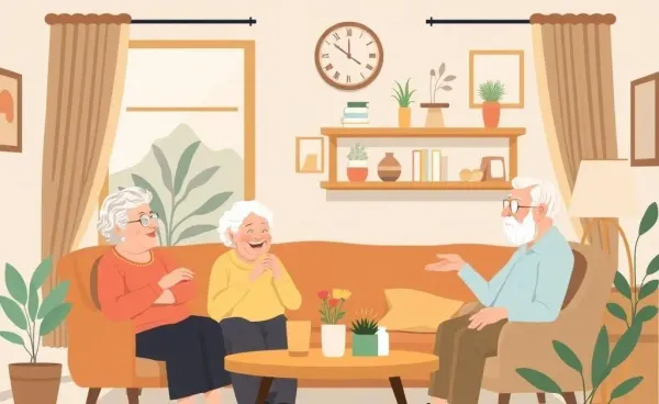 A warm communal living space with elderly individuals interacting