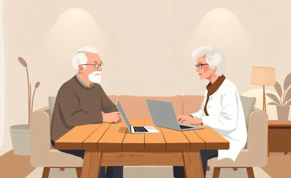Elderly couple discussing healthcare plans at a wooden table with a laptop