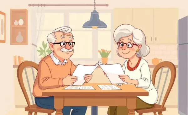 Elderly couple reviewing financial documents at a kitchen table