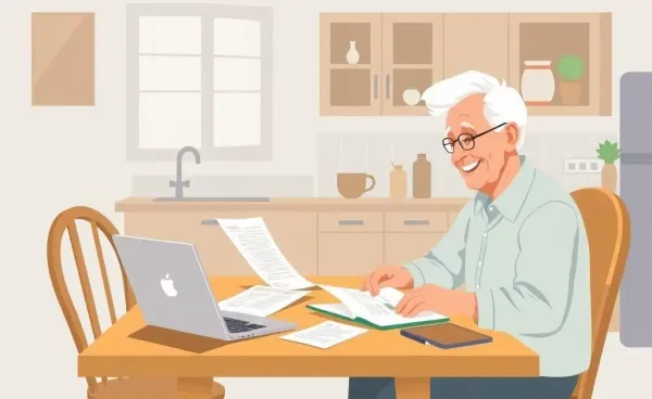 An elderly person planning finances at a kitchen table.