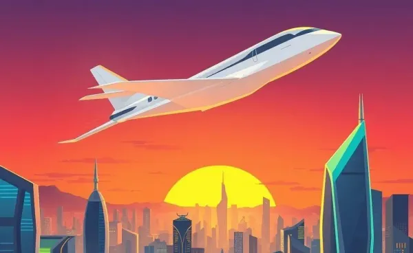 An electric aircraft flying over a futuristic cityscape at sunset
