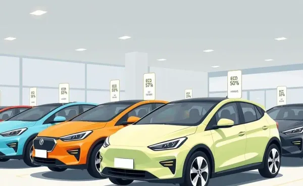 A cartoon-style dealership showcasing decreasing prices of electric vehicles