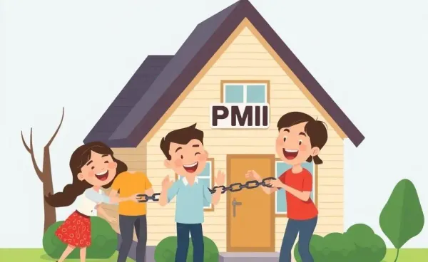 A family happily cutting a chain labeled 'PMI' on their house