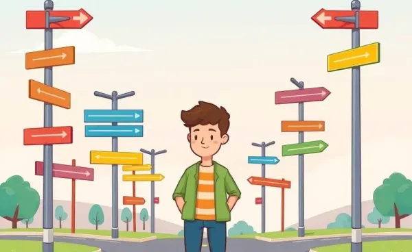 Illustration of a person at a crossroads with directional signs
