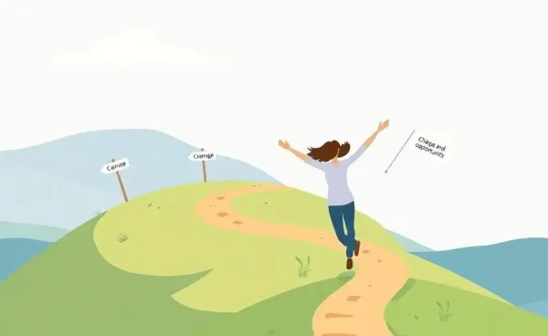 A joyful person embracing a winding path of change and opportunity