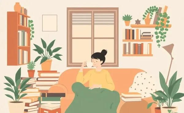 A cozy room with a person enjoying tea in a gently messy environment