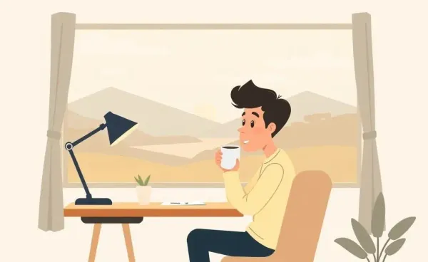 A person enjoying a cup of coffee at a desk with a window view