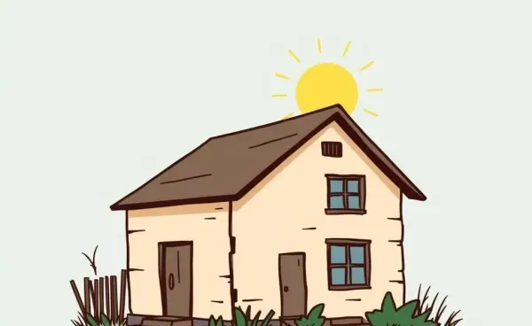 Cartoon sketch of an outdated house with a shining sun