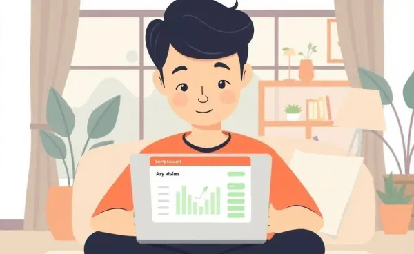 A person viewing their savings account on a laptop in a cozy home office.