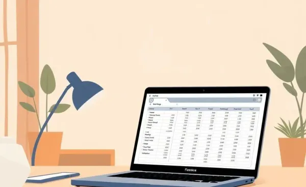 A cozy home office desk with financial planning spreadsheet on a laptop