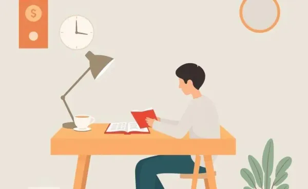 An individual planning finances at a quaint desk with tea.