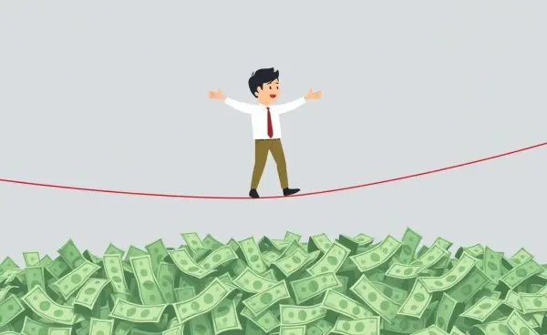 Cartoon person balancing emotions and finance on a tightrope