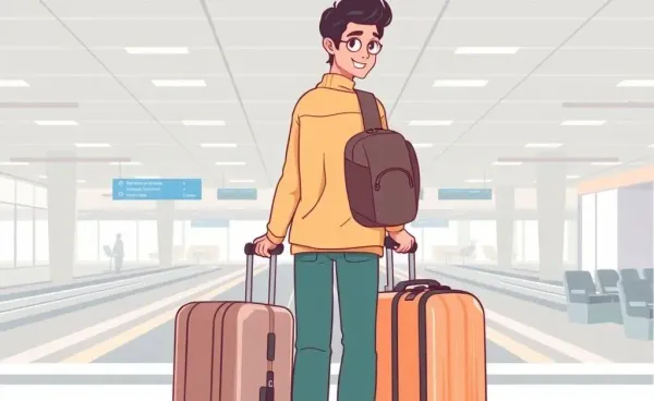 Illustration of a person at an airport ready to move back home with mixed emotions.