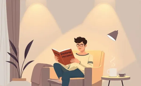 A person reading a book on emotional intelligence in a cozy living room