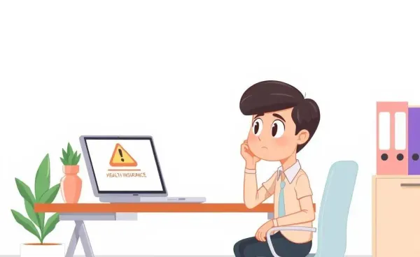 An employee looking at a laptop with a health insurance alert in an office setting