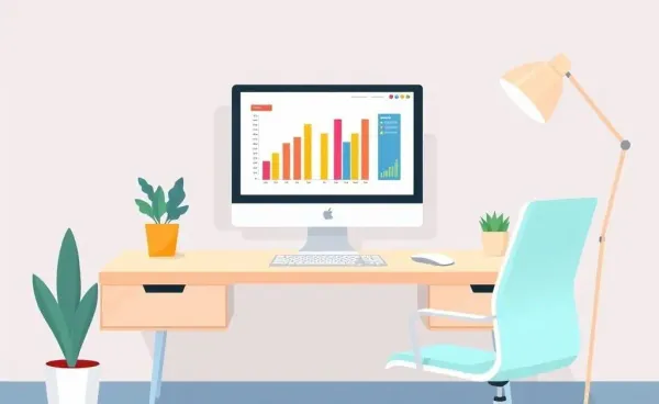Office desk with a computer displaying employment data charts