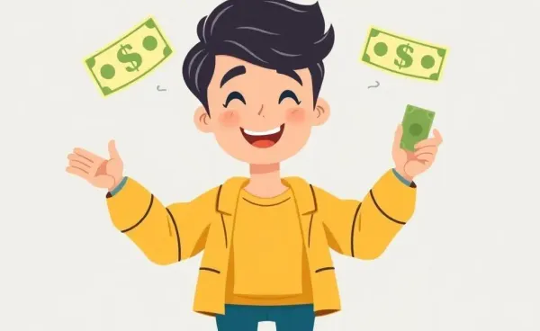A cartoon-style person confidently managing their finances with charts and coins around them