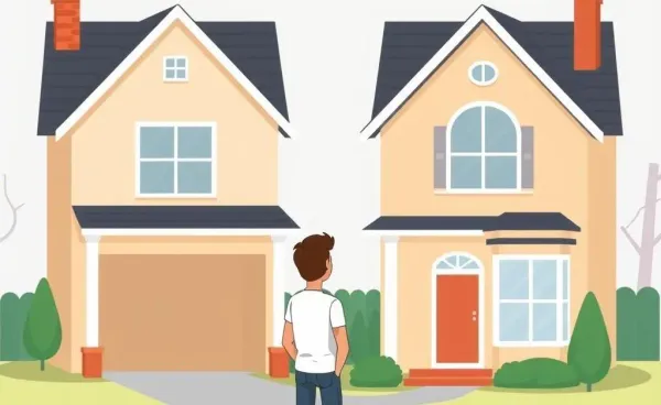 Illustration of a person deciding between an empty house and a staged house.