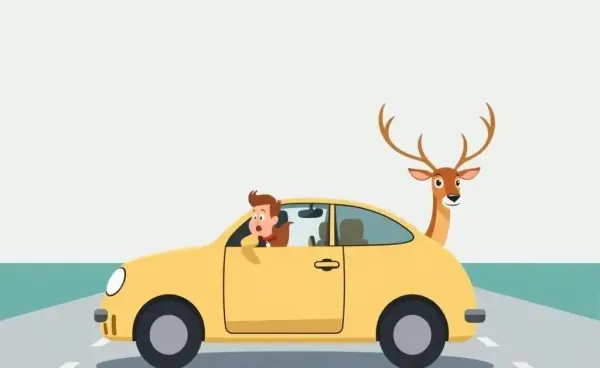 Cartoon image of a car and a deer on a road, capturing a surprised moment