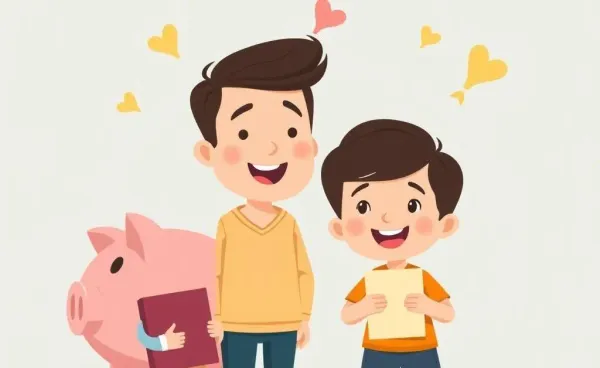 Parent and child celebrating good report card with a piggy bank in the background