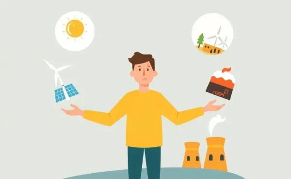 Person balancing different energy sources such as wind, solar, and coal.