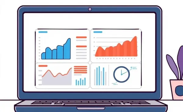 A cartoon-style laptop screen displaying graphs and analytics for engagement strategy.