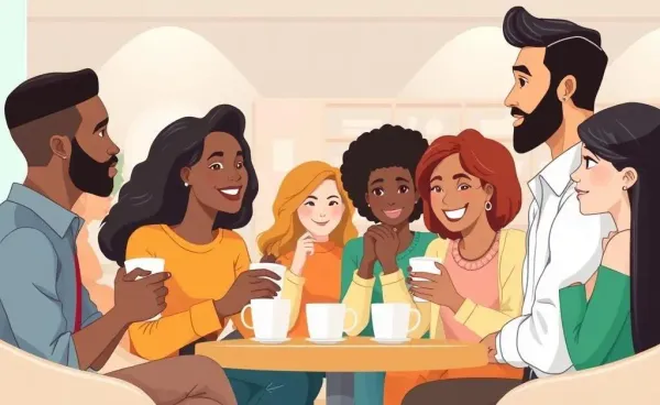 Diverse people talking over coffee in a cartoon-style drawing